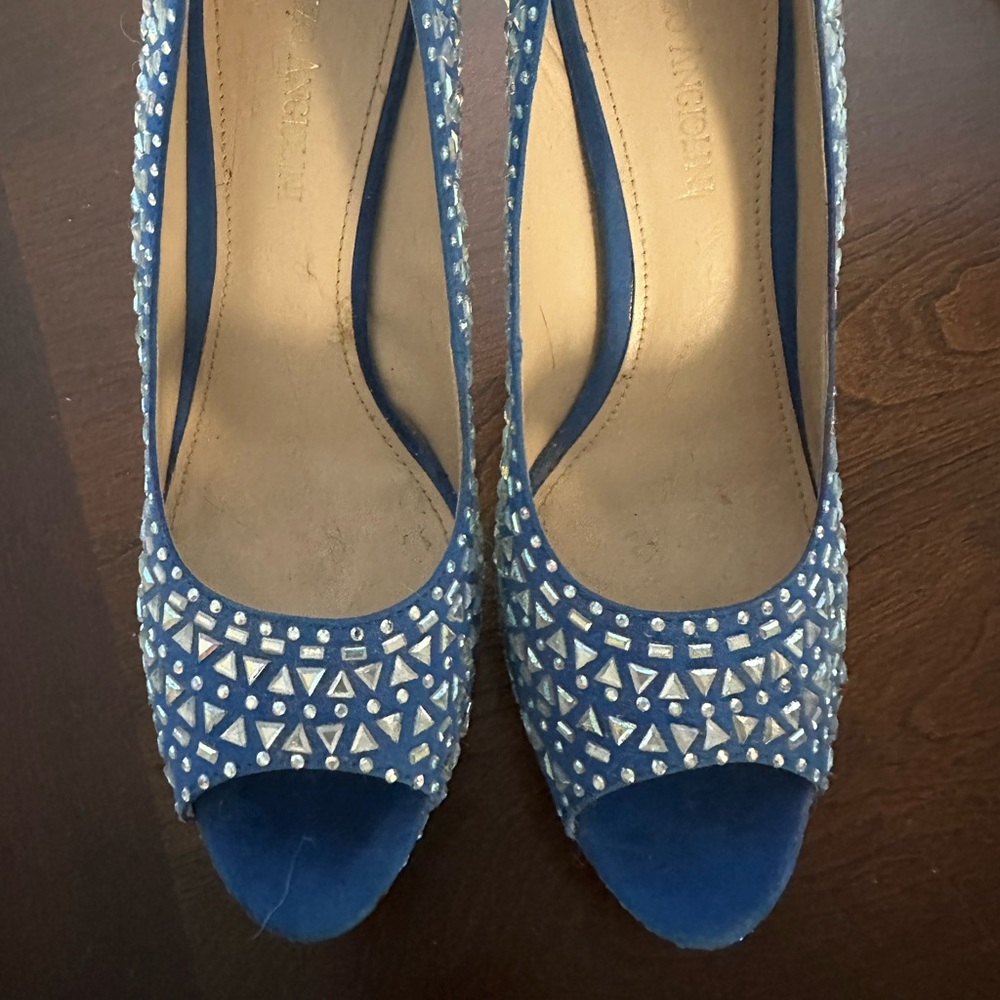 Rhinestone and suede heels